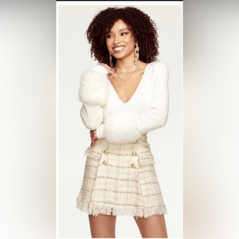 RAMY BROOK Karey Fringe Tweed Miniskirt Sz 4 Ivory Plaid Fringe Preppy